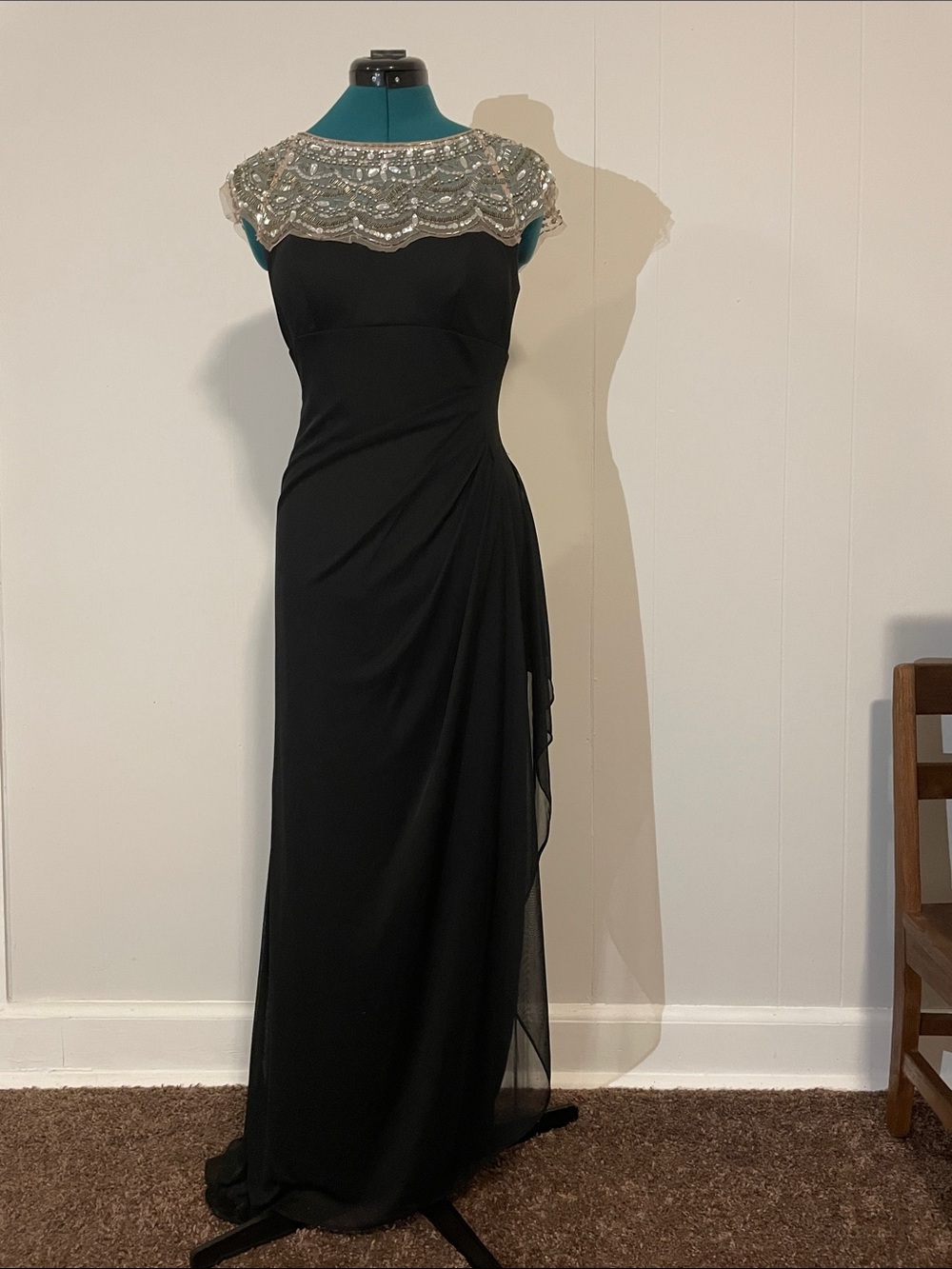 Xscape Black Maxi Gown with Silver Beaded Yoke